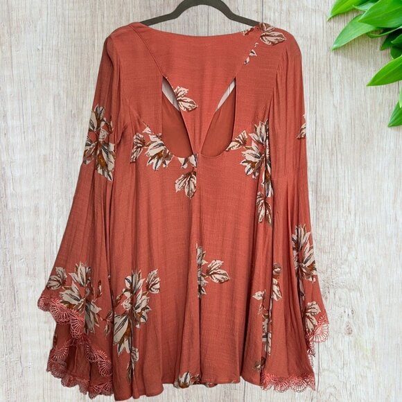 FREE PEOPLE Anthropologie Coral Orange Floral Long Sleeve Boho Shift Dress S - Picture 3 of 4